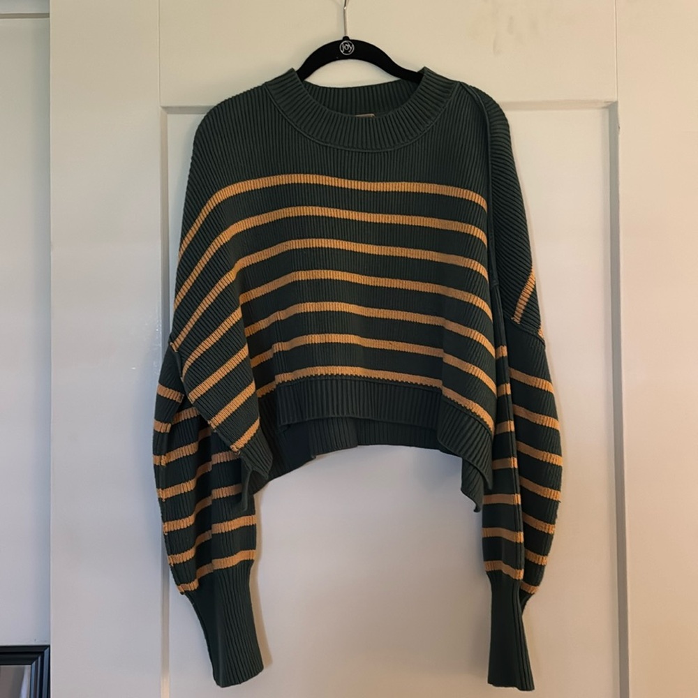 Free People Green and Mustard Striped Cropped Sweater